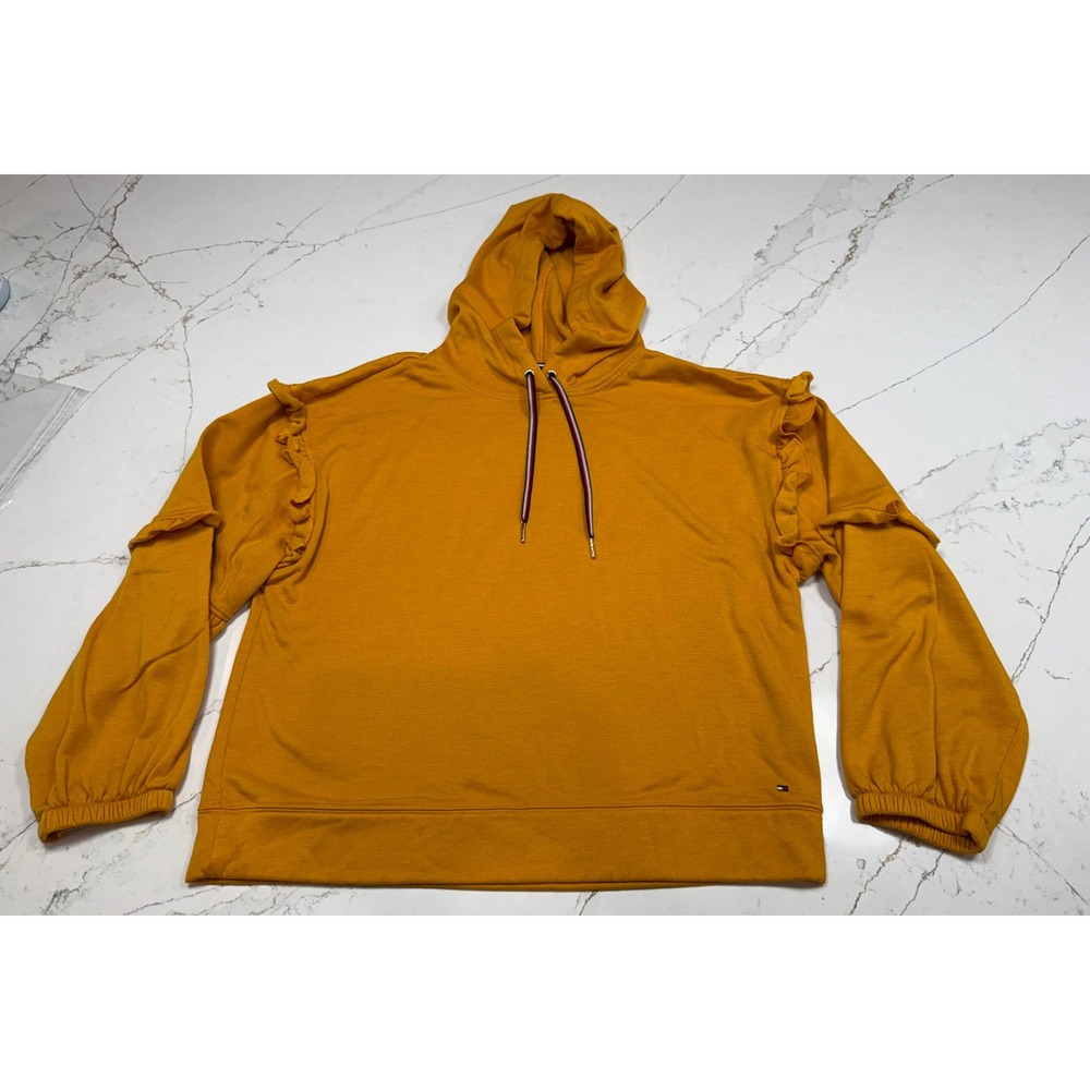 Tommy Hilfiger Womens Mustard Yellow‎ Ruffle Shoulder Hoodie Sweatshirt Large